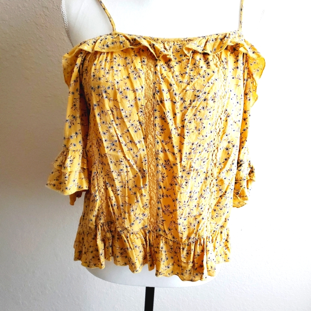 American Eagle Golden Yellow Boho Floral Stretch Tank Top